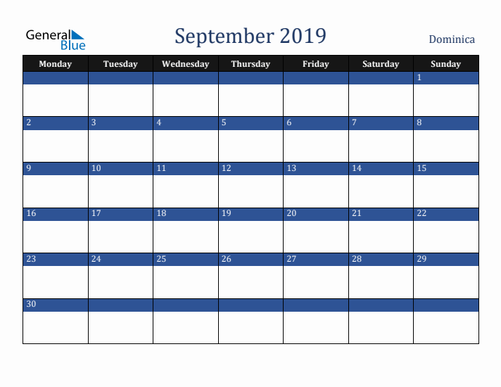 September 2019 Dominica Calendar (Monday Start)