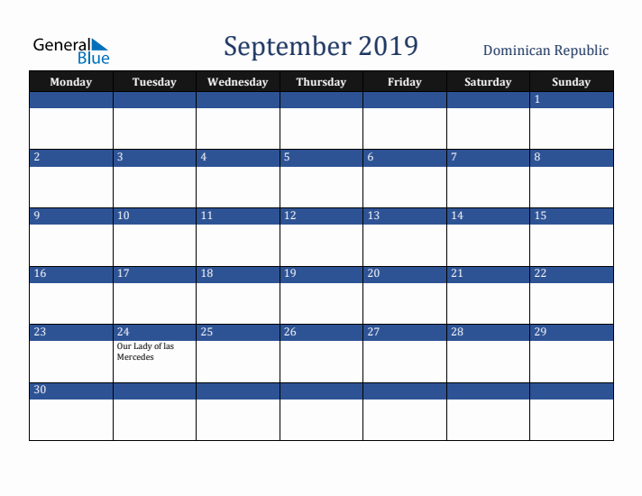 September 2019 Dominican Republic Calendar (Monday Start)