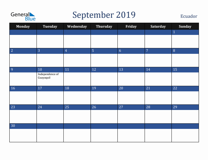 September 2019 Ecuador Calendar (Monday Start)