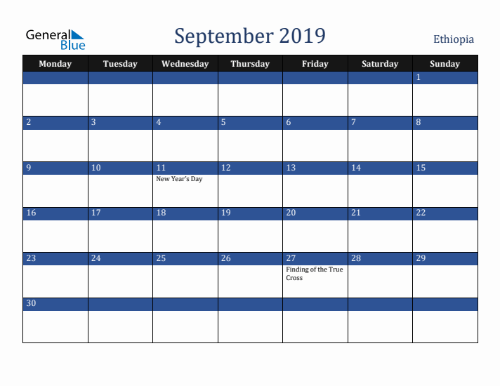September 2019 Ethiopia Calendar (Monday Start)