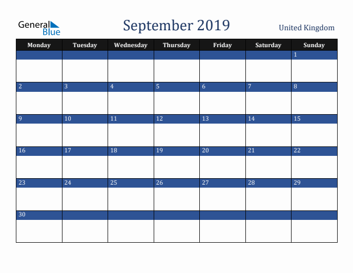 September 2019 United Kingdom Calendar (Monday Start)