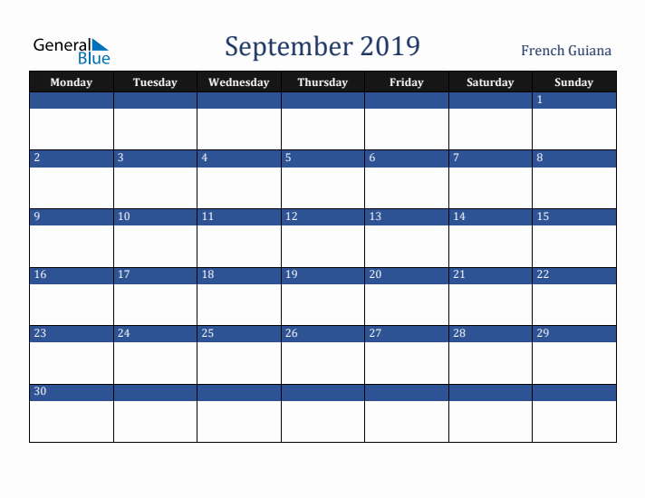 September 2019 French Guiana Calendar (Monday Start)