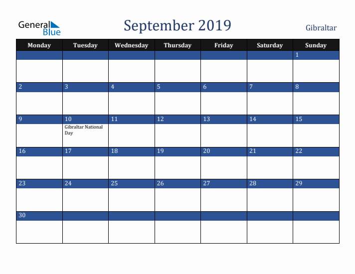 September 2019 Gibraltar Calendar (Monday Start)