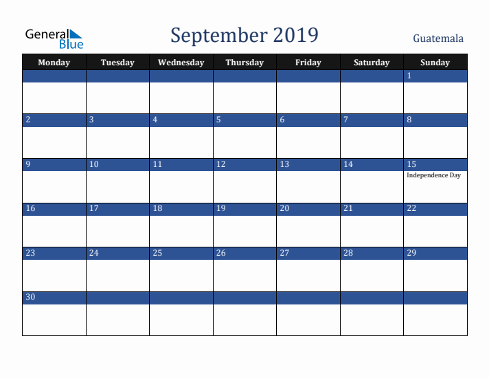 September 2019 Guatemala Calendar (Monday Start)