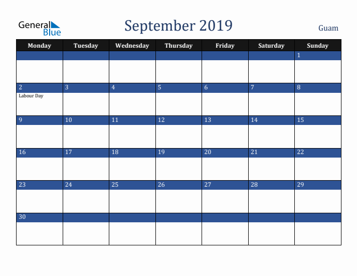 September 2019 Guam Calendar (Monday Start)