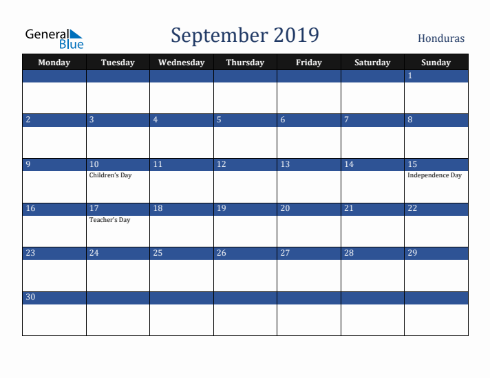 September 2019 Honduras Calendar (Monday Start)