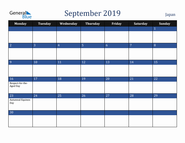 September 2019 Japan Calendar (Monday Start)