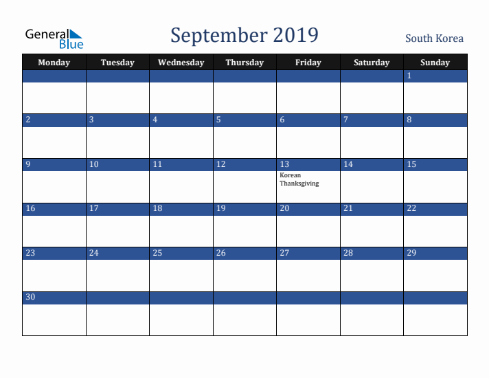 September 2019 South Korea Calendar (Monday Start)