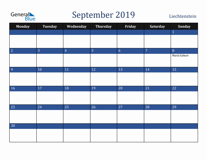September 2019 Liechtenstein Calendar (Monday Start)