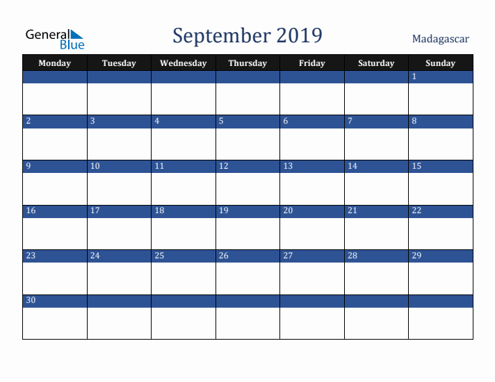 September 2019 Madagascar Calendar (Monday Start)