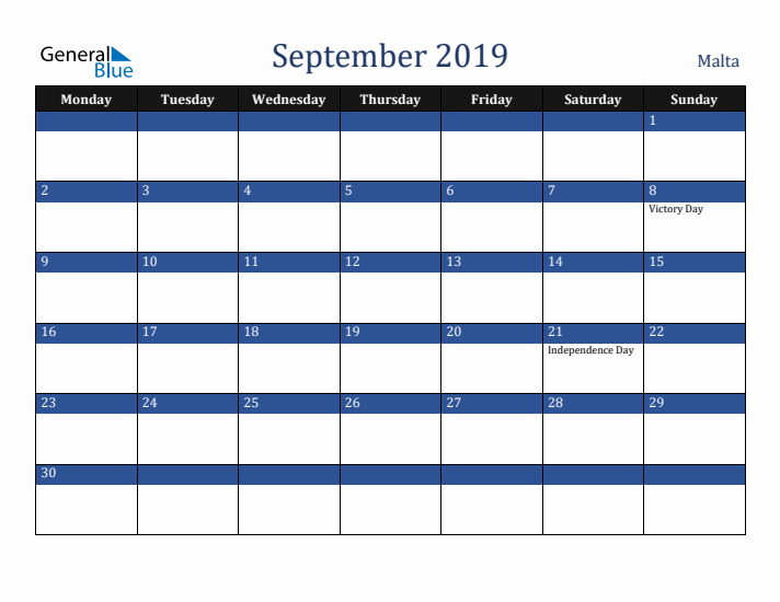September 2019 Malta Calendar (Monday Start)