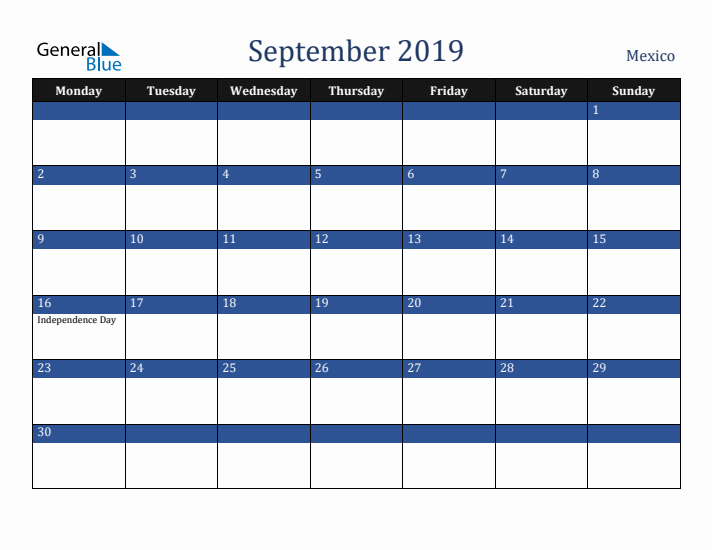 September 2019 Mexico Calendar (Monday Start)
