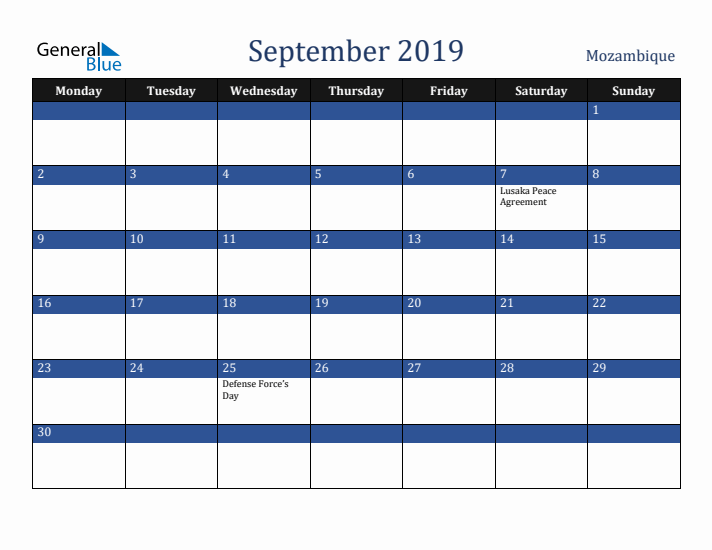 September 2019 Mozambique Calendar (Monday Start)