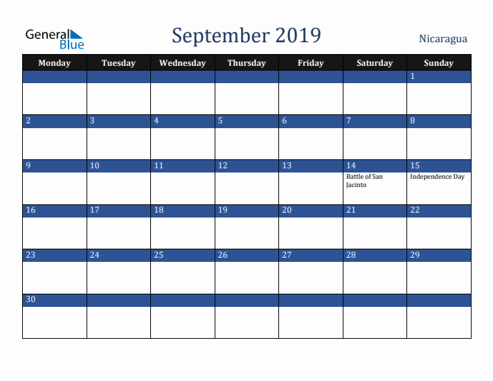 September 2019 Nicaragua Calendar (Monday Start)