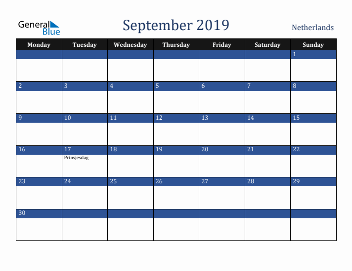 September 2019 The Netherlands Calendar (Monday Start)