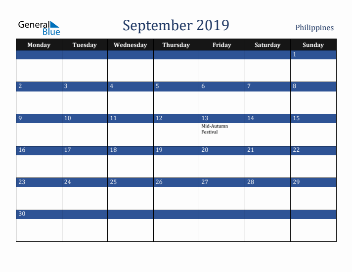 September 2019 Philippines Calendar (Monday Start)