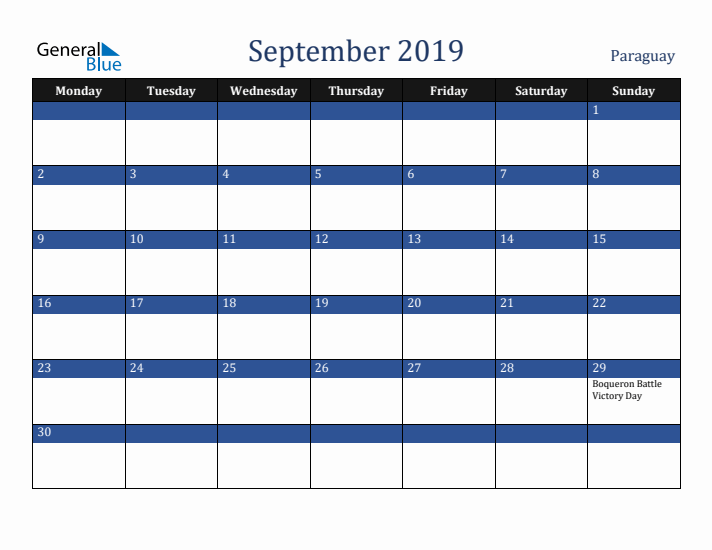 September 2019 Paraguay Calendar (Monday Start)