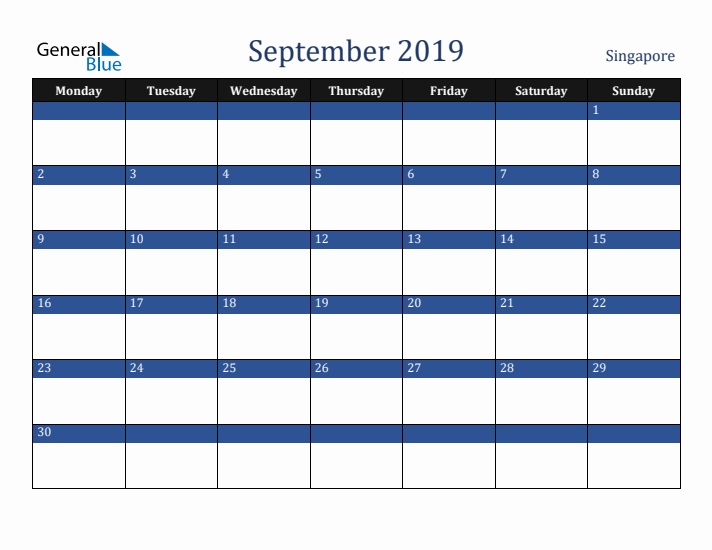 September 2019 Singapore Calendar (Monday Start)