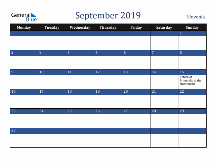 September 2019 Slovenia Calendar (Monday Start)