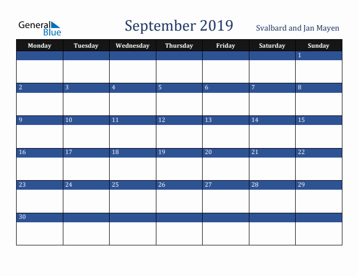 September 2019 Svalbard and Jan Mayen Calendar (Monday Start)