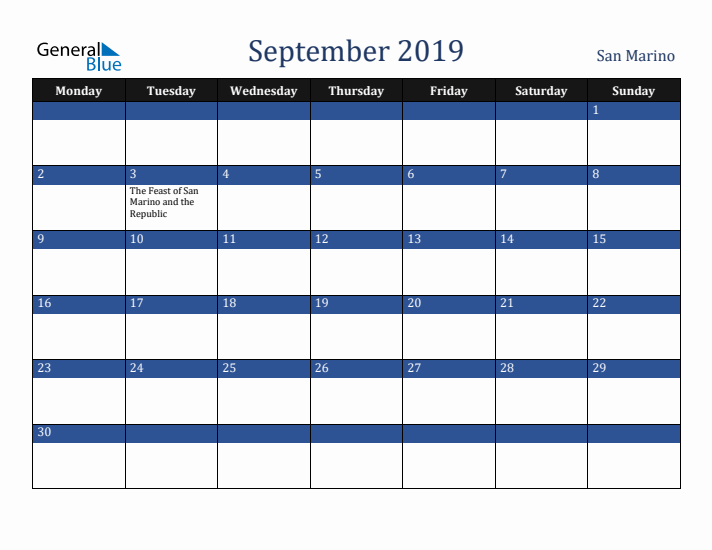 September 2019 San Marino Calendar (Monday Start)