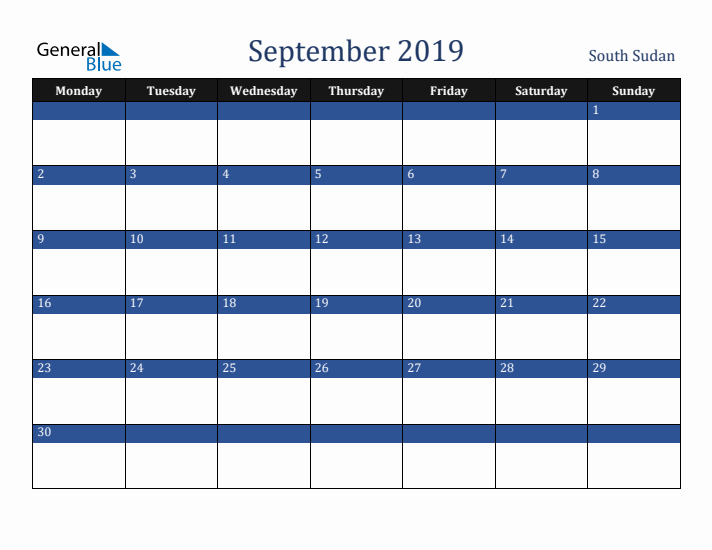 September 2019 South Sudan Calendar (Monday Start)