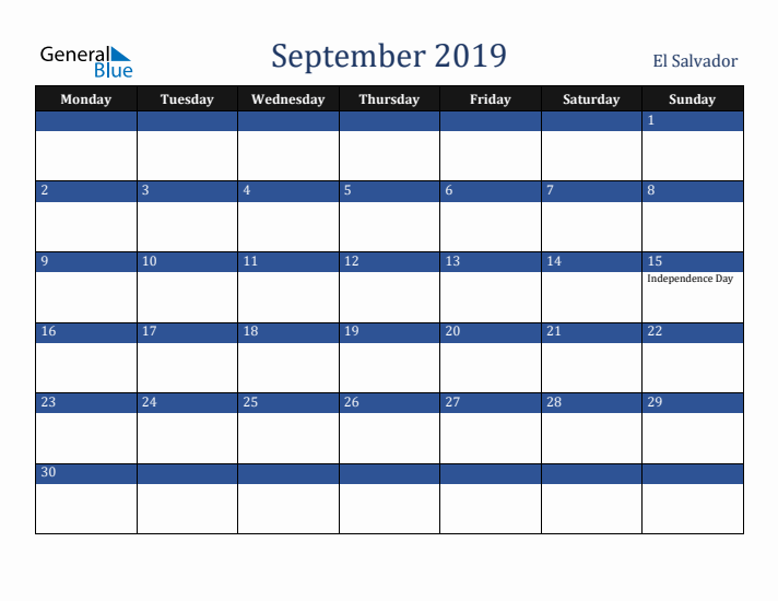 September 2019 El Salvador Calendar (Monday Start)