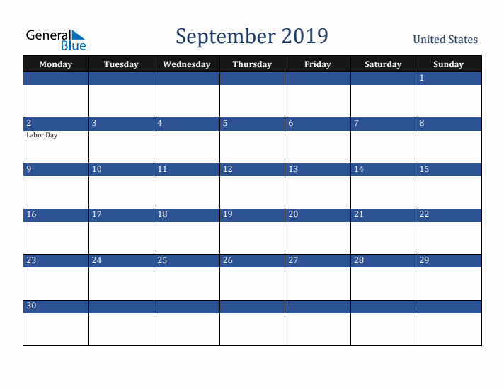 September 2019 United States Calendar (Monday Start)