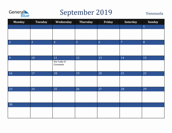 September 2019 Venezuela Calendar (Monday Start)