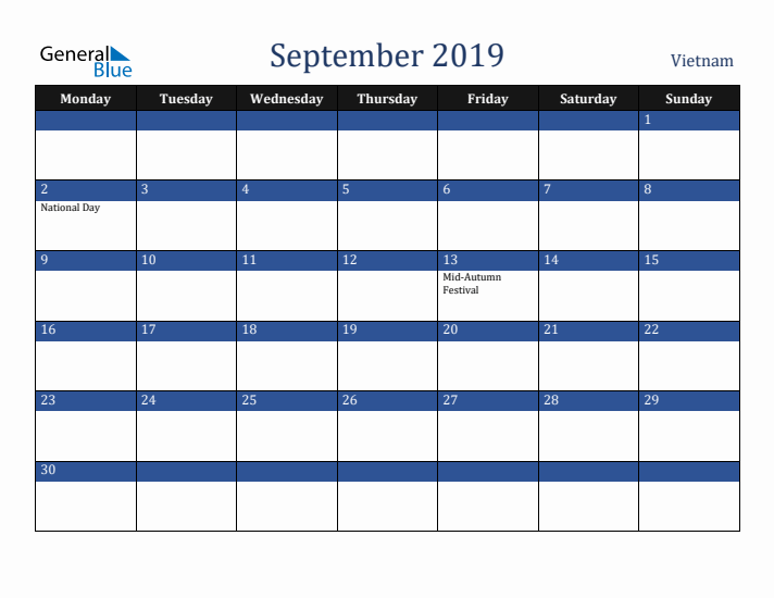 September 2019 Vietnam Calendar (Monday Start)