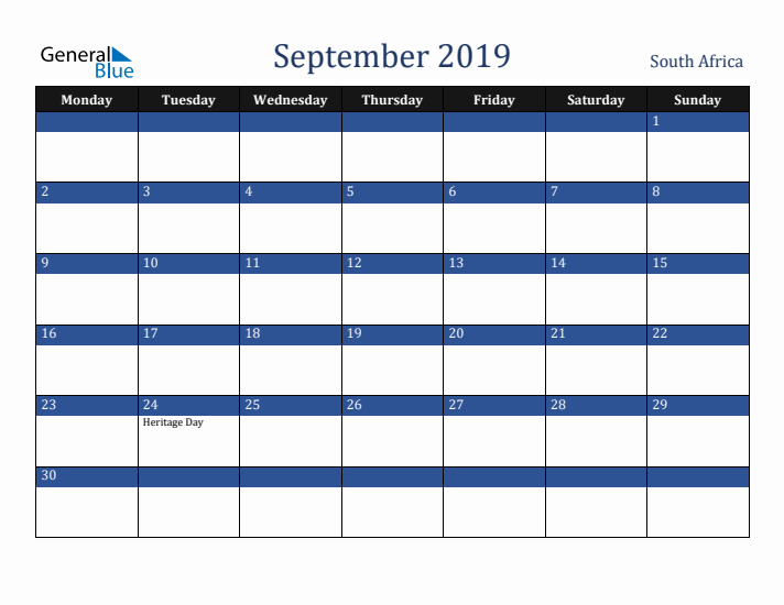 September 2019 South Africa Calendar (Monday Start)