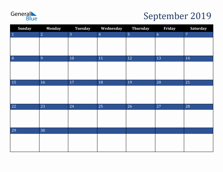 Sunday Start Calendar for September 2019