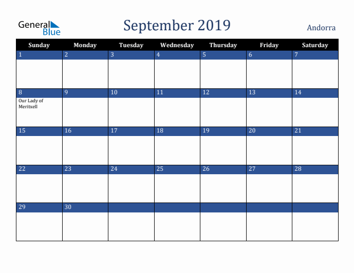 September 2019 Andorra Calendar (Sunday Start)