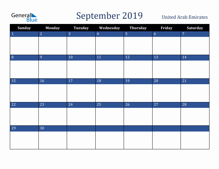 September 2019 United Arab Emirates Calendar (Sunday Start)