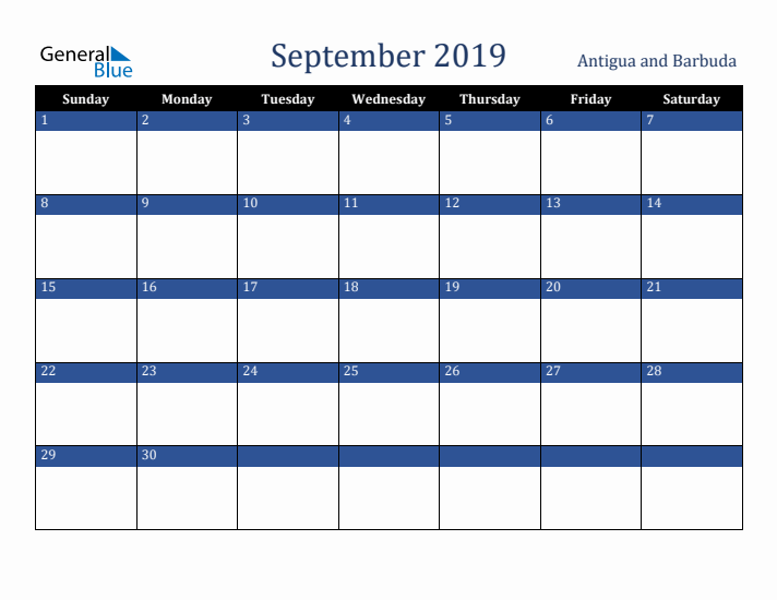 September 2019 Antigua and Barbuda Calendar (Sunday Start)