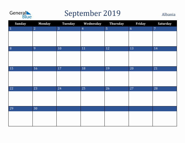 September 2019 Albania Calendar (Sunday Start)