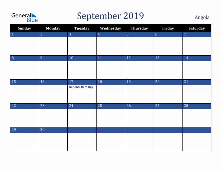 September 2019 Angola Calendar (Sunday Start)