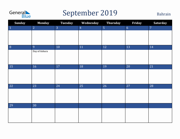 September 2019 Bahrain Calendar (Sunday Start)