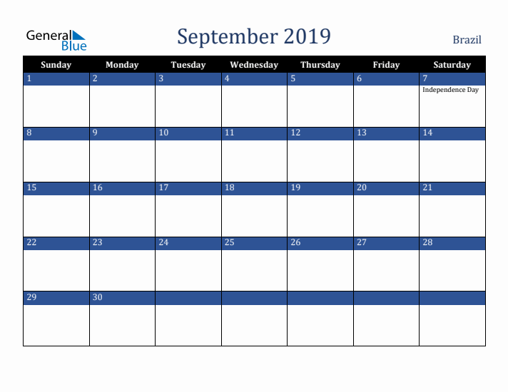 September 2019 Brazil Calendar (Sunday Start)