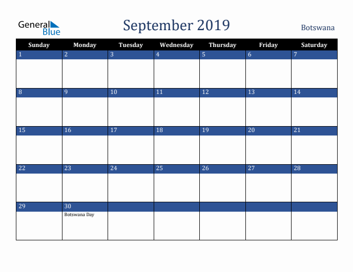 September 2019 Botswana Calendar (Sunday Start)