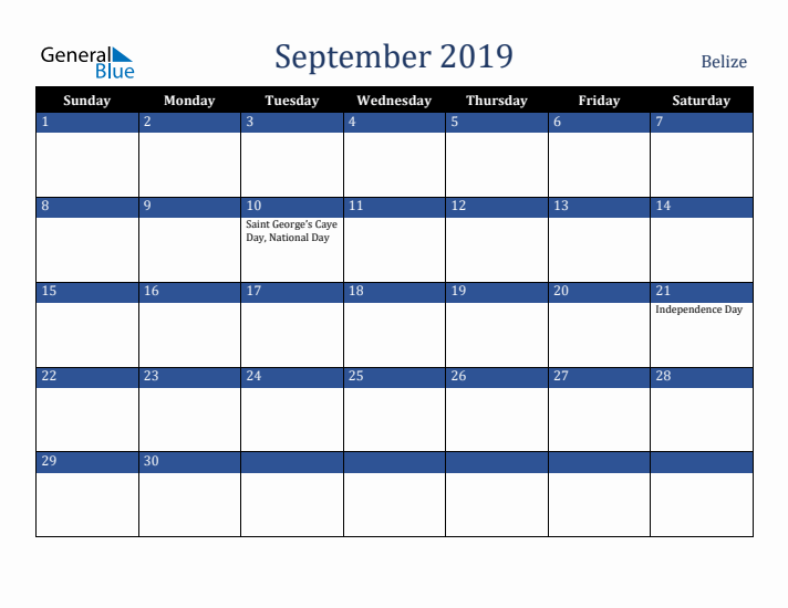 September 2019 Belize Calendar (Sunday Start)