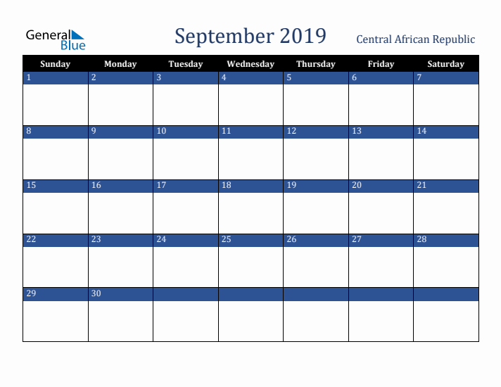 September 2019 Central African Republic Calendar (Sunday Start)
