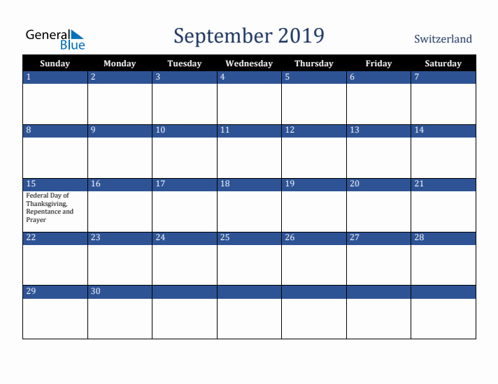 September 2019 Switzerland Calendar (Sunday Start)
