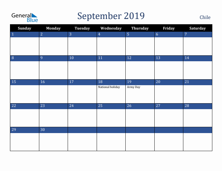 September 2019 Chile Calendar (Sunday Start)