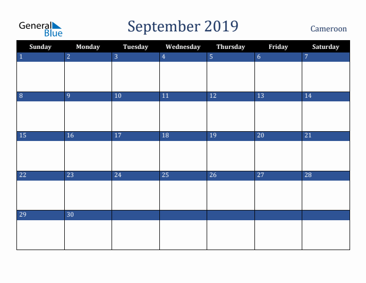 September 2019 Cameroon Calendar (Sunday Start)