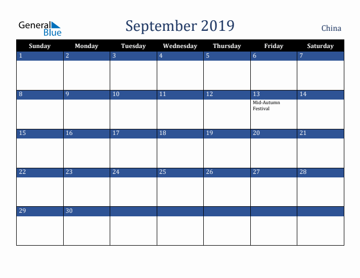 September 2019 China Calendar (Sunday Start)