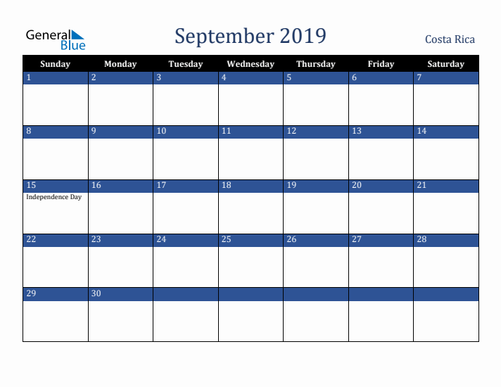 September 2019 Costa Rica Calendar (Sunday Start)