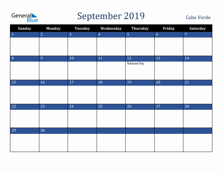 September 2019 Cabo Verde Calendar (Sunday Start)