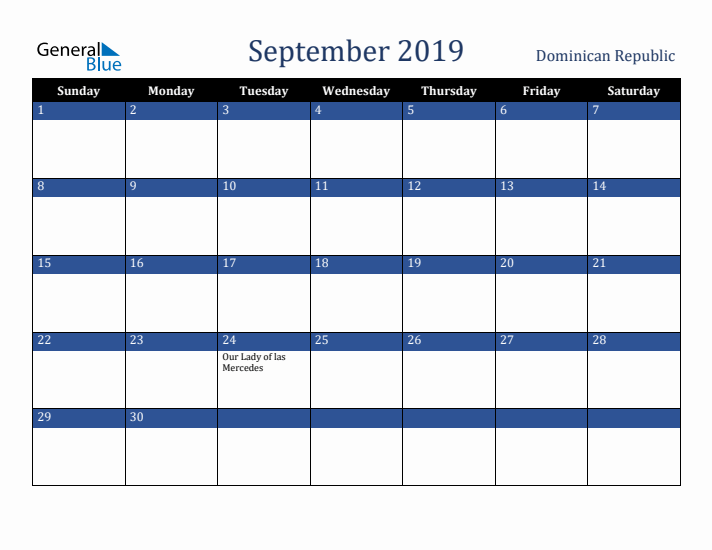 September 2019 Dominican Republic Calendar (Sunday Start)