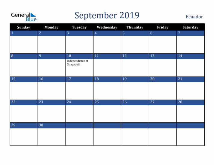 September 2019 Ecuador Calendar (Sunday Start)